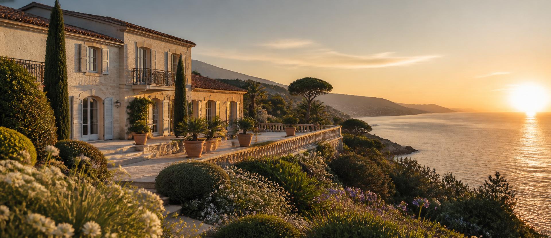 Villa de prestige avec terrasse en pierre dominant la Méditerranée au coucher du soleil