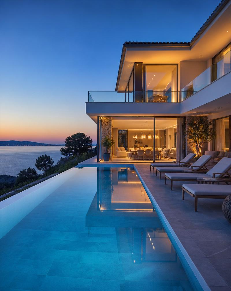 Villa contemporaine avec piscine à débordement au crépuscule